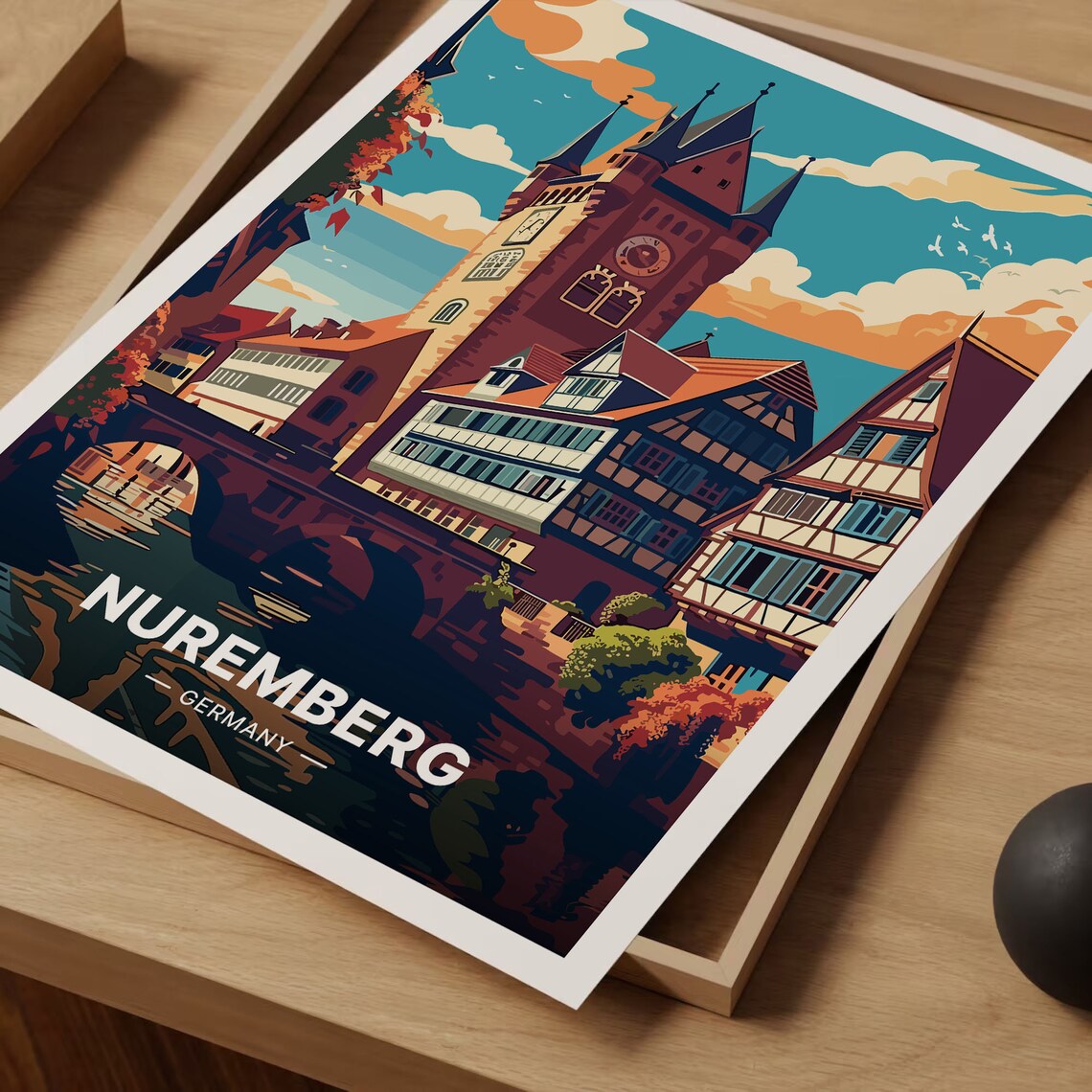 Nuremberg Germany Medieval Tower Half Timbered River Bridge Travel Poster - Image 3