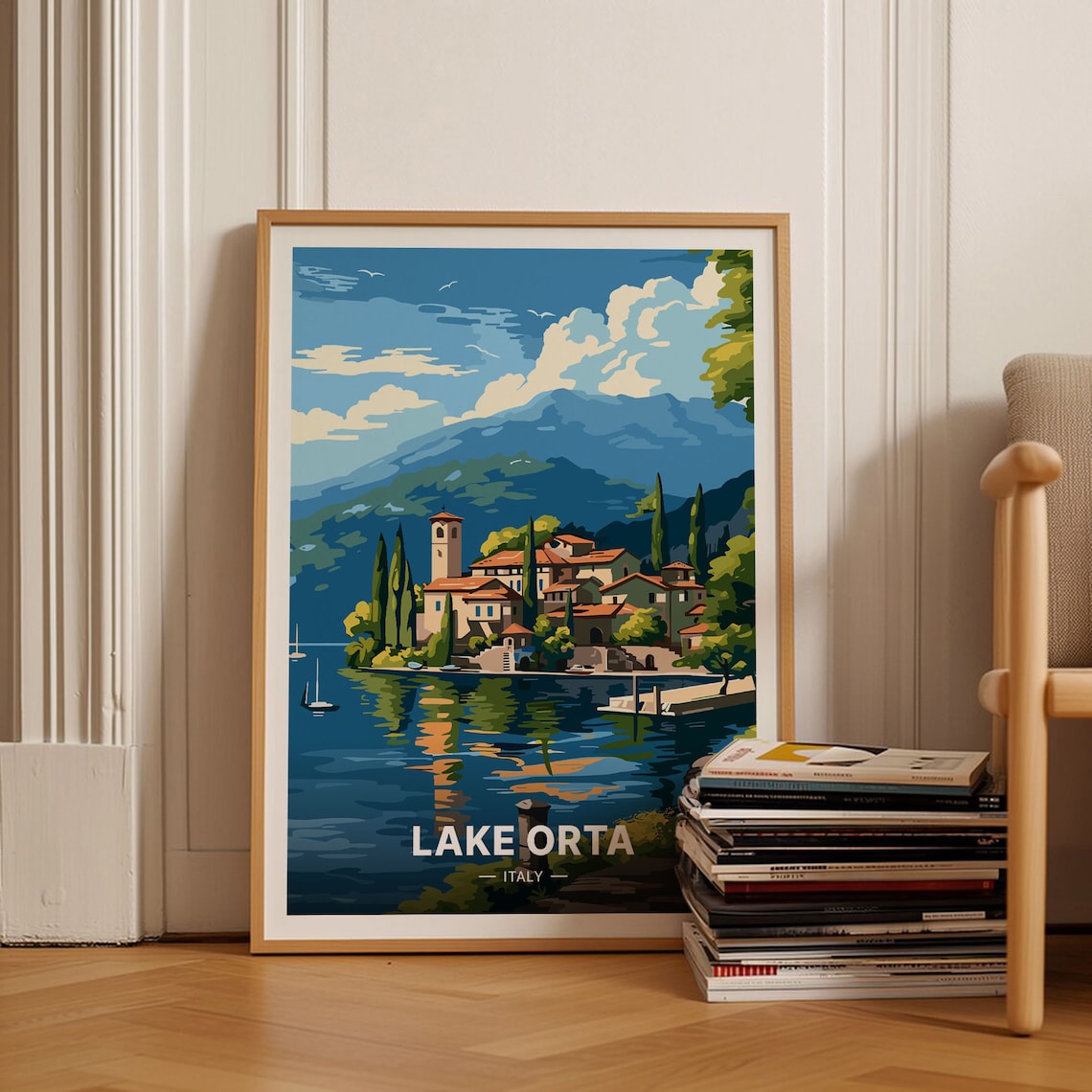 Lake Orta Italy Lakeside Village Church Mountain Travel Poster