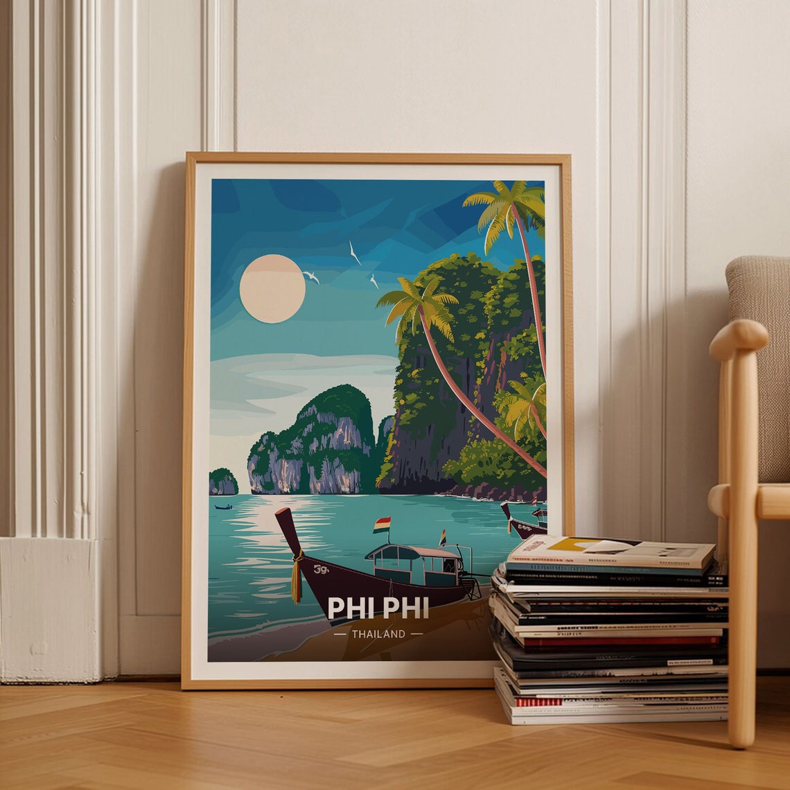 Phi Phi Thailand Limestone Cliffs Longtail Boat Sunset Travel Poster