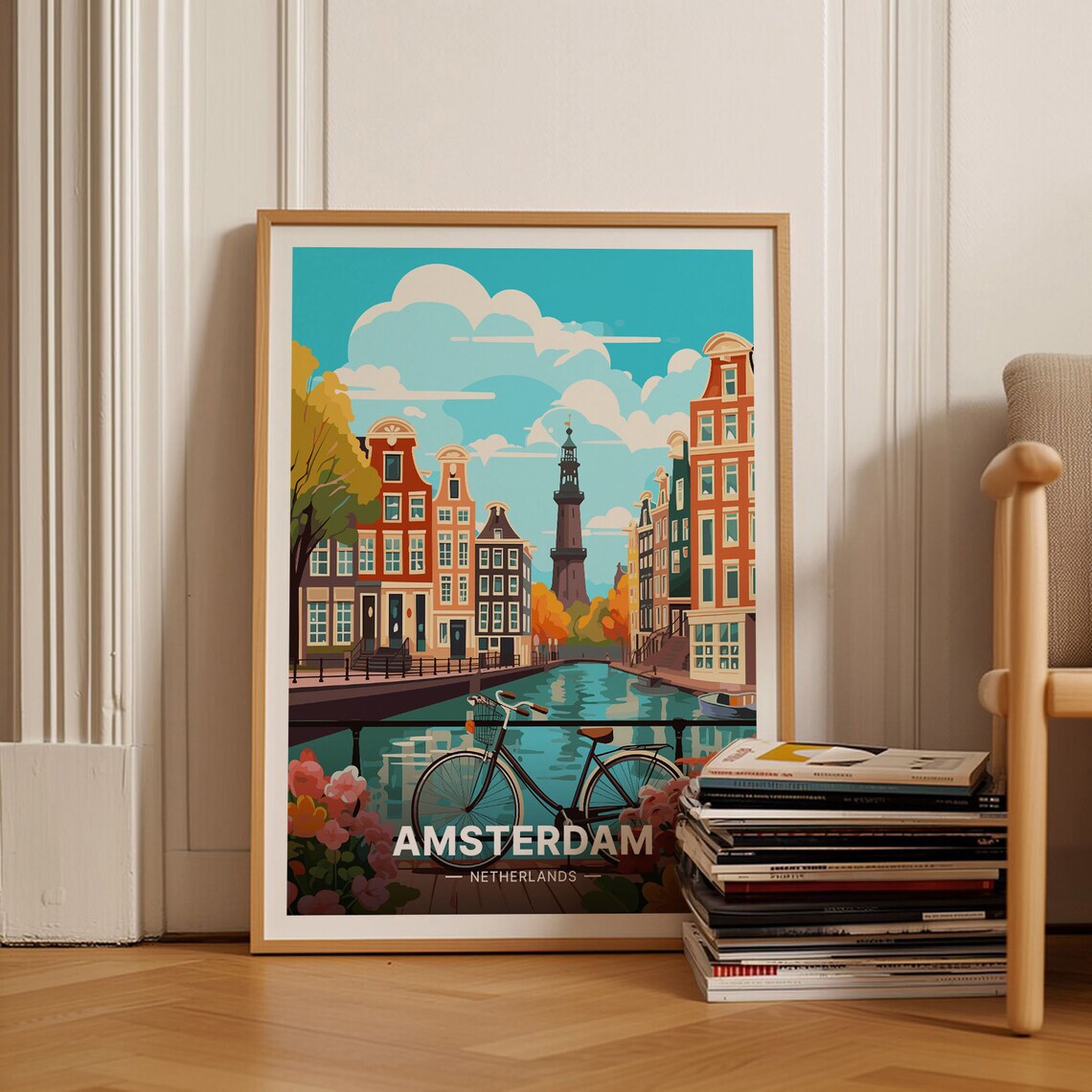 Amsterdam Cityscape Travel Poster, Dutch Landmarks