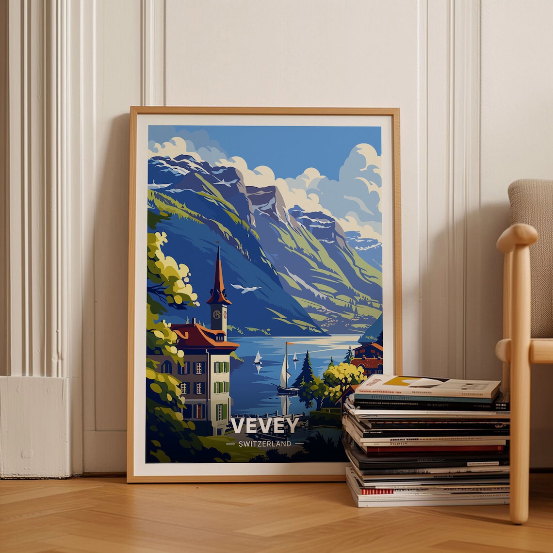 Vevey Switzerland Lake Sailboats Church Mountain Vintage Travel Poster