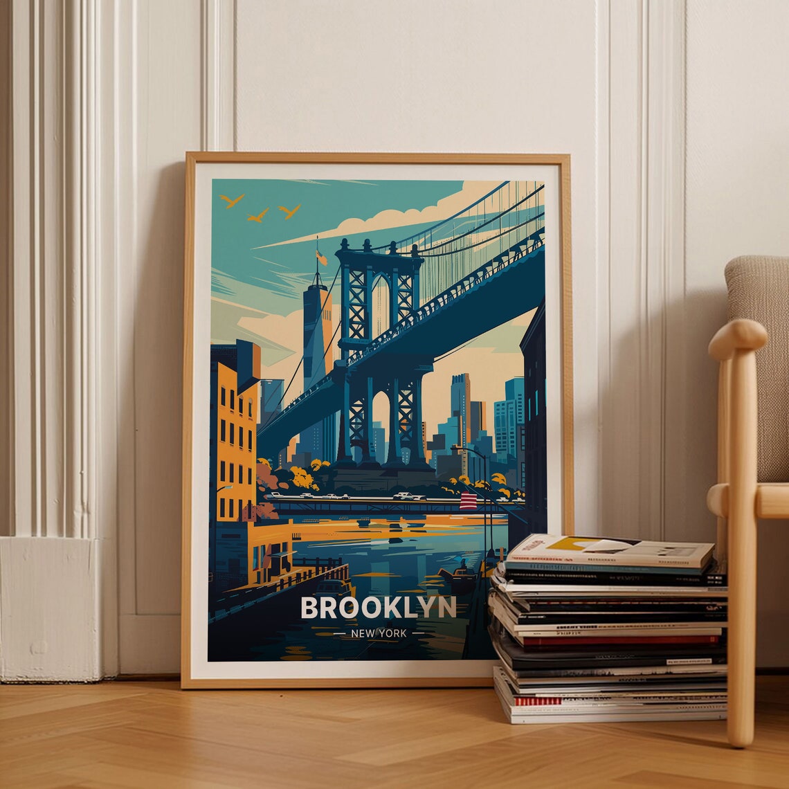 Brooklyn New York Suspension Bridge Skyline River View Travel Poster