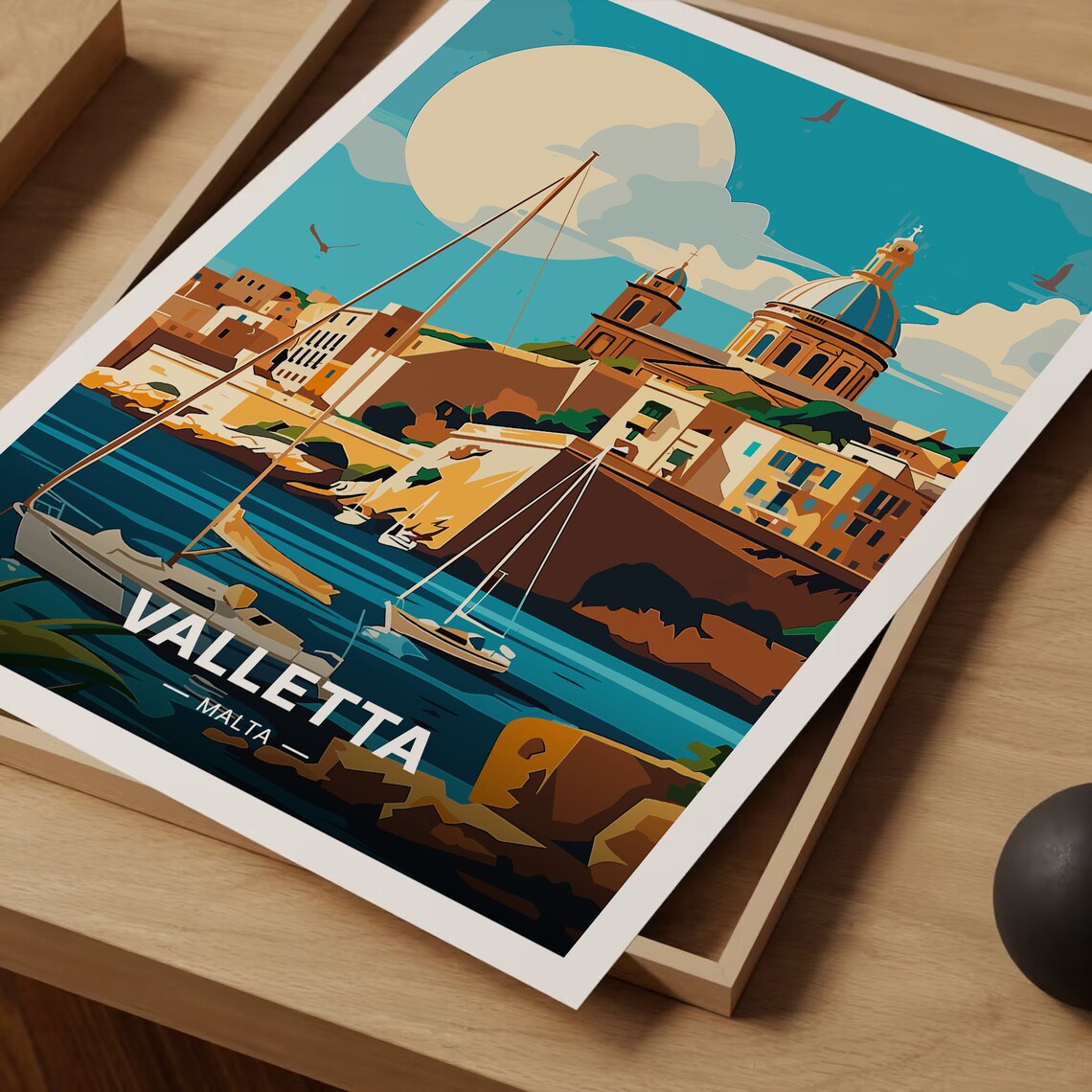 Valletta Malta Harbour Sailboats Domed Church Moonlit Travel Poster - Image 3