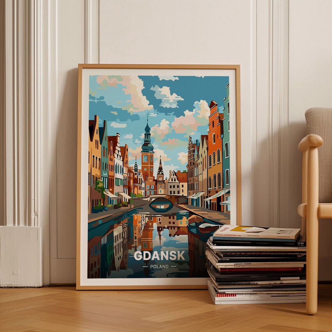 Gdansk Poland Historic Riverfront Townhouses Vintage Travel Poster