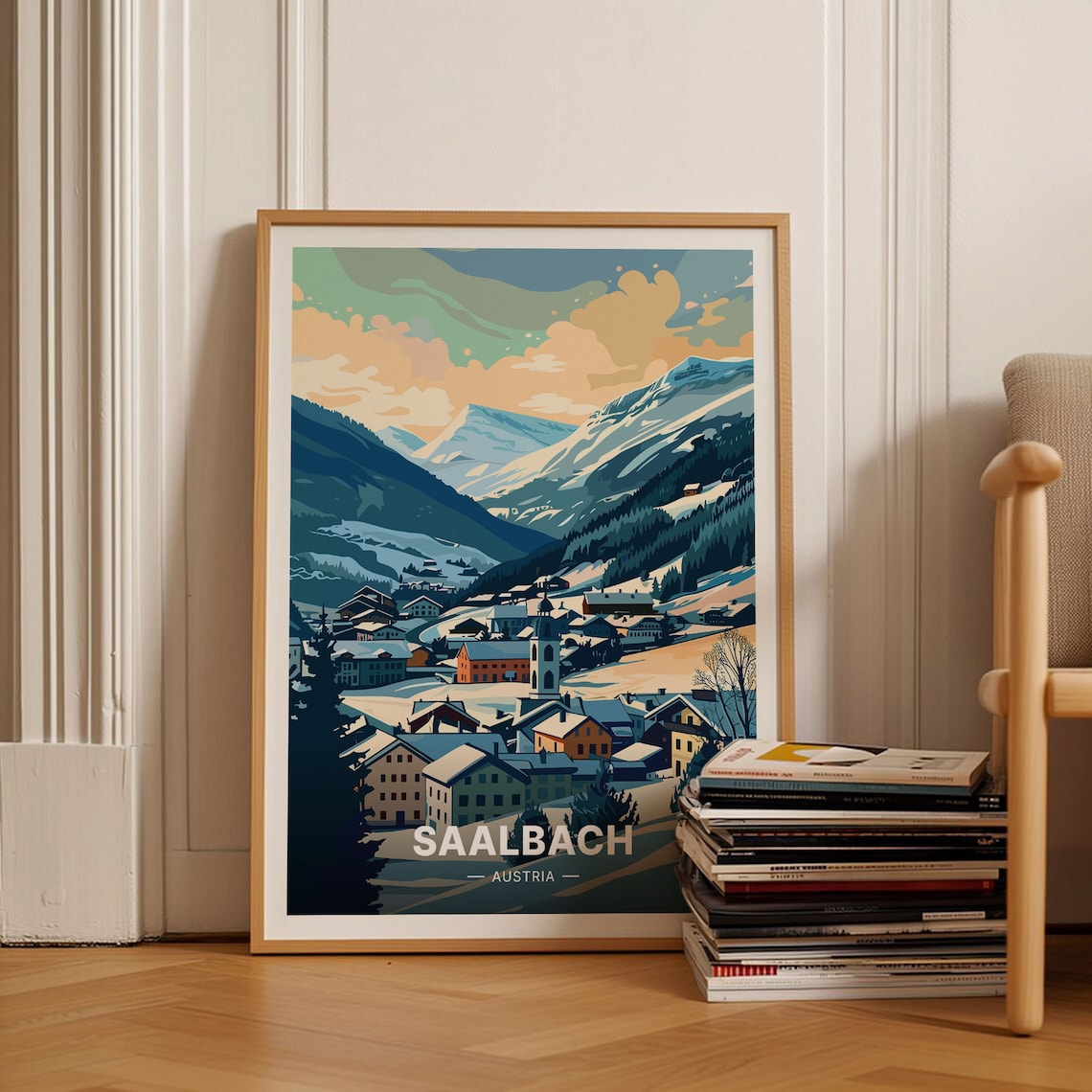 Saalbach Austria Travel Poster Snowy Alpine Village Mountain Art