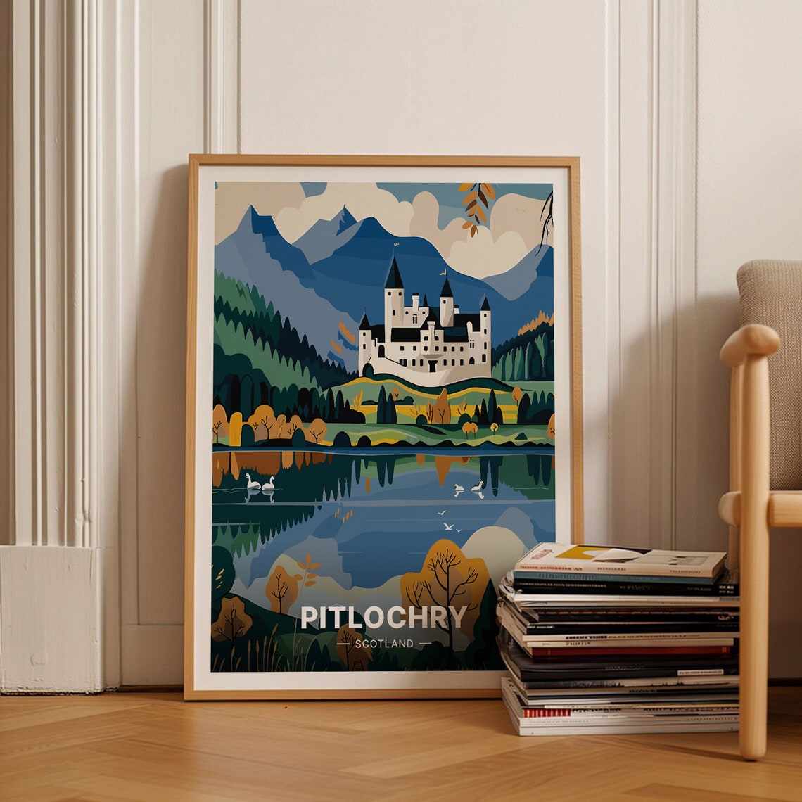 Pitlochry Scotland Poster Castle Loch Swans Autumn Colors Art