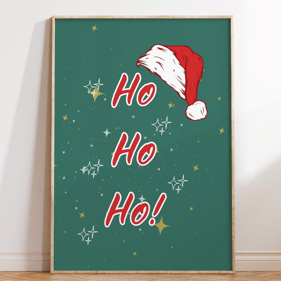 Ho Ho Ho Santa Hat Starry Green Fun Christmas Typography Poster