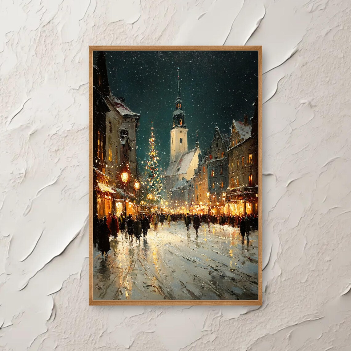 Christmas Market Street Snowy Old Town Night Painting Poster