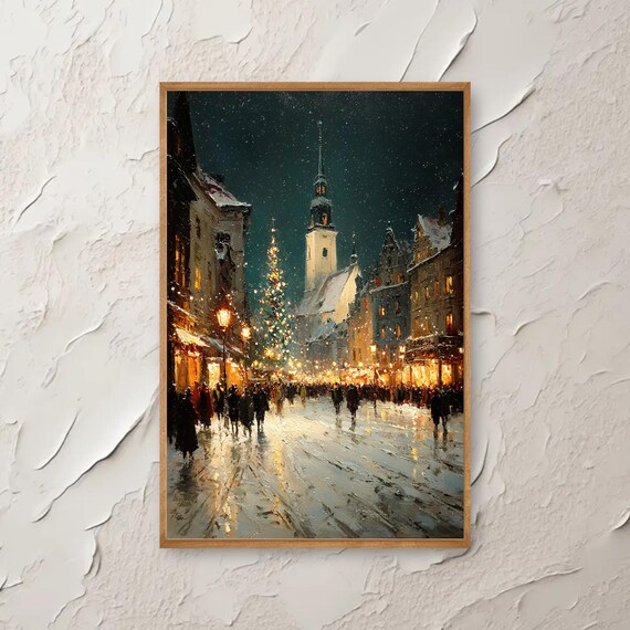 Christmas Market Street Snowy Old Town Night Painting Poster