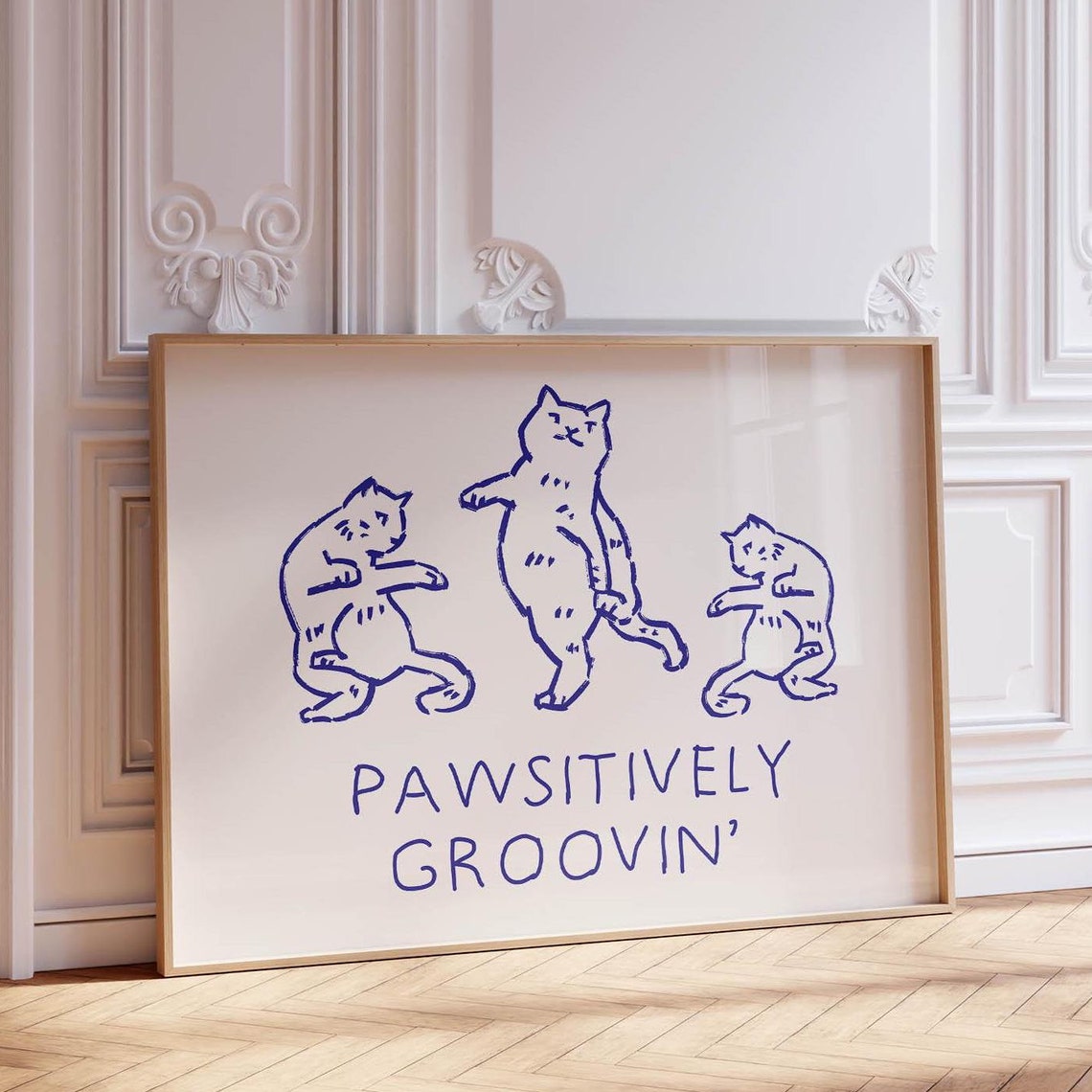 Pawsitively Groovin Funny Dancing Cats Retro Blue Line Art Poster