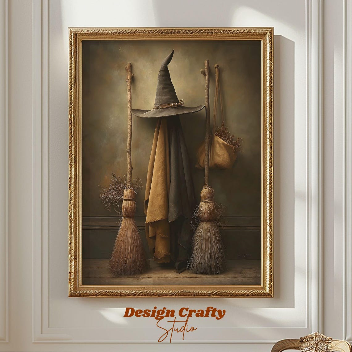 Vintage Witch Hat Broom Wall Art Rustic Gothic Halloween Print Dark Academia Witchcore