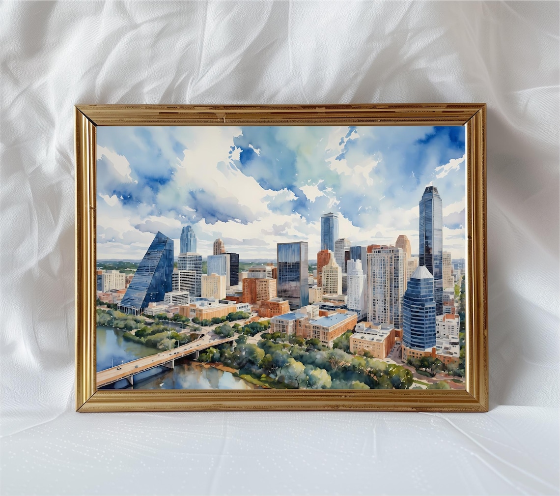 Austin Texas Skyline Watercolor Painting Downtown Cityscape Travel Poster