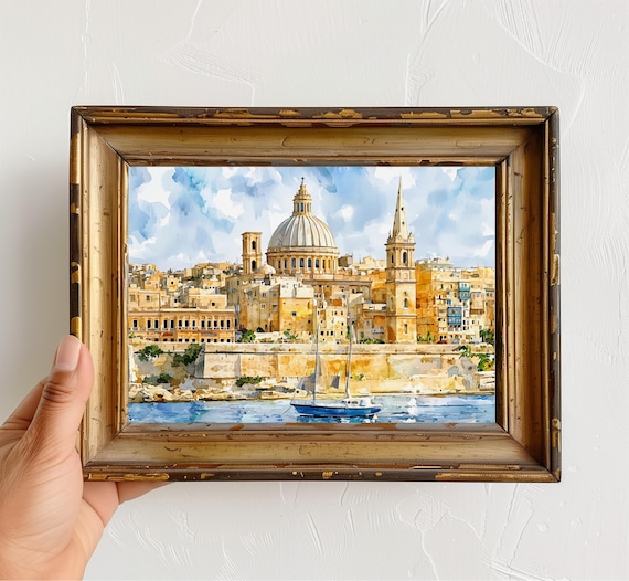 Valletta Malta Historic Harbor Watercolor Dome Skyline Art Poster