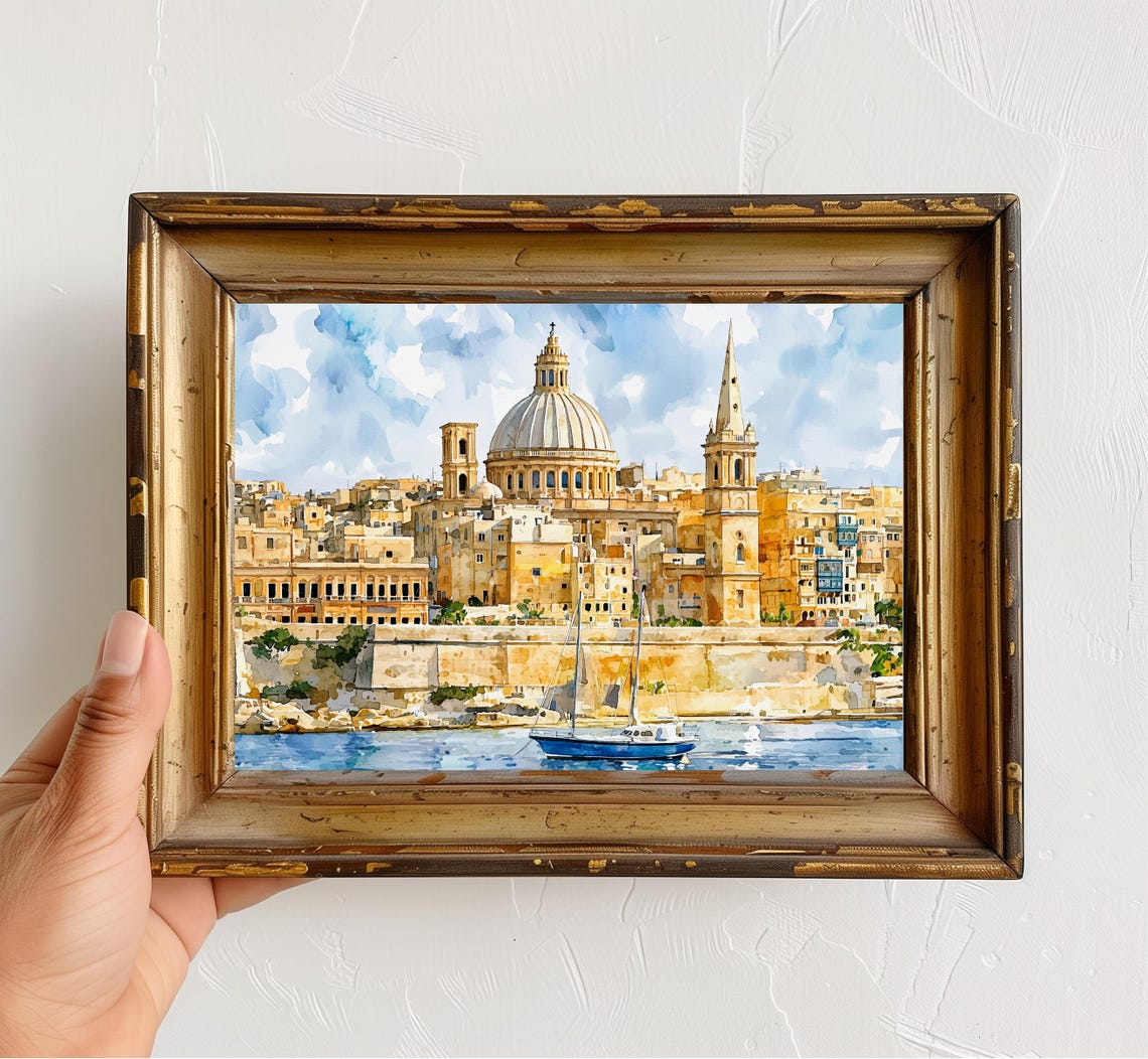 Valletta Malta Historic Harbor Watercolor Dome Skyline Art Poster