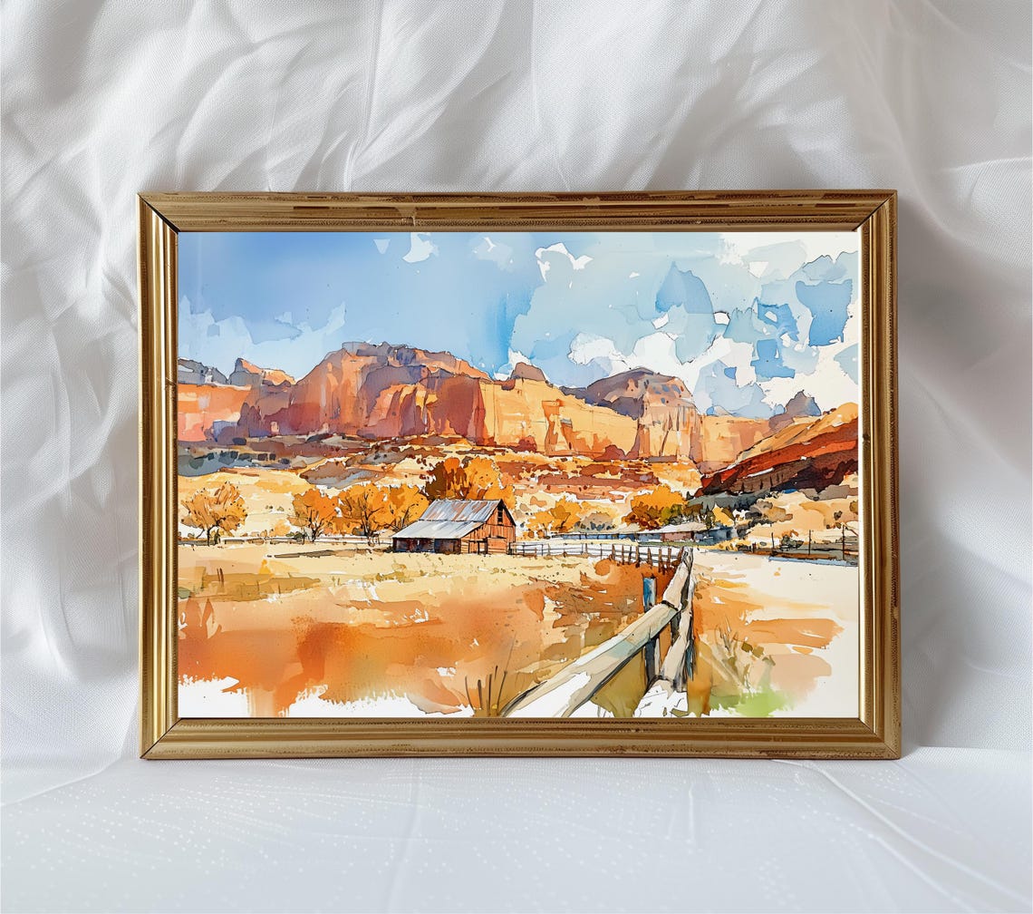Utah Red Rock Canyon Rustic Barn Golden Autumn Watercolor Poster