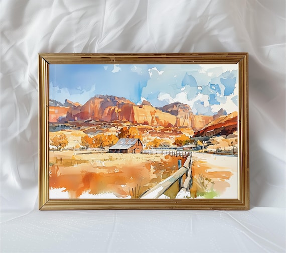 Utah Red Rock Canyon Rustic Barn Golden Autumn Watercolor Poster