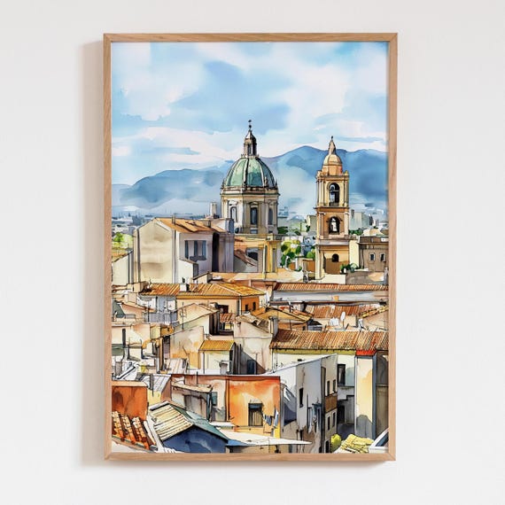 Palermo Italy Watercolor Print Sicily Cityscape Wall Art Historic Architecture Painting Italian Travel Poster Gift For Lovers