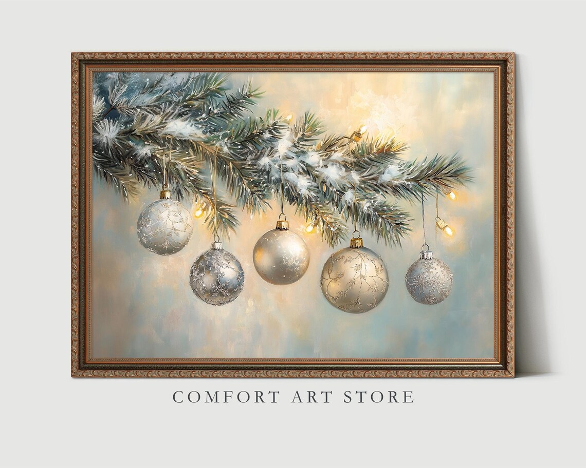 Elegant Champagne Gold Christmas Ornaments on Snowy Branch Poster - Image 3