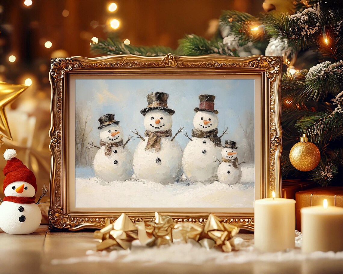 Cheerful Snowman Family with Top Hats and Scarves Winter Poster - Image 3