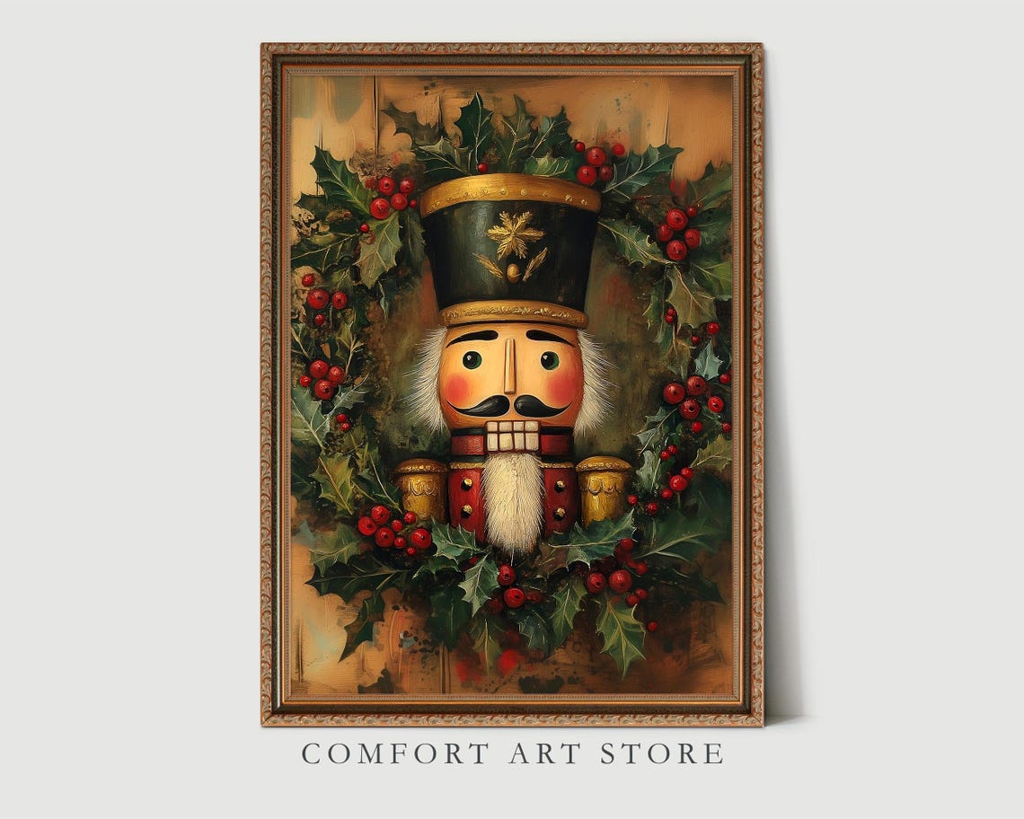 Nutcracker Portrait Surrounded by Holly and Red Berries Wall Art - Image 8