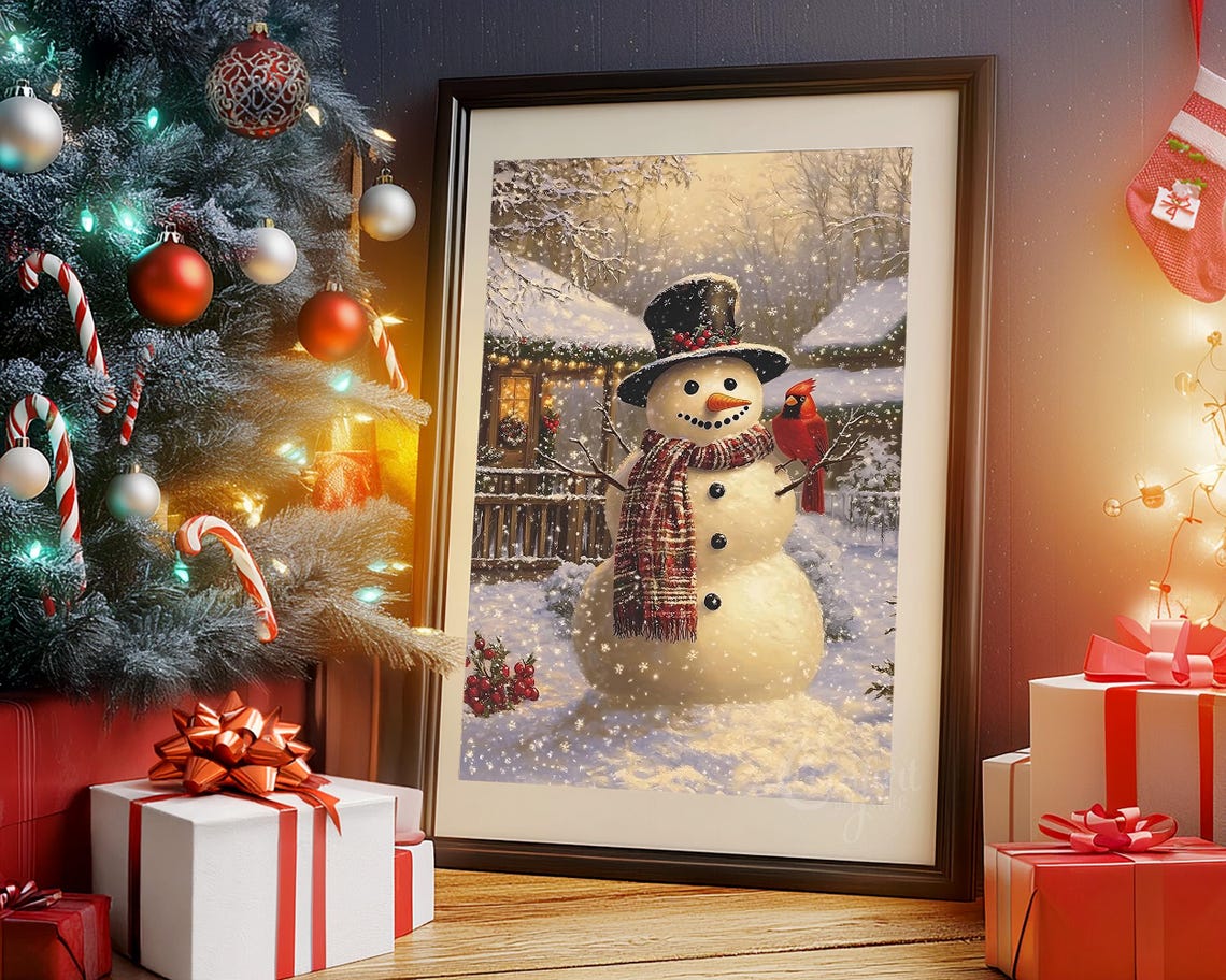 Vintage Christmas Wall Art Snowman Print Winter Cottage Red Cardinal Holiday Winter Decor Neutral Christmas Oil Painting Antique Snowman Art - Image 4