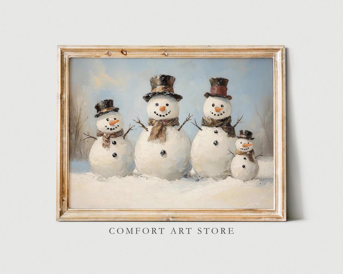 Antique Vintage Christmas Snowman Print Christmas Wall Art Winter Scene Holiday Art Snowman Family Christmas Painting Snowman Wall Art Decor