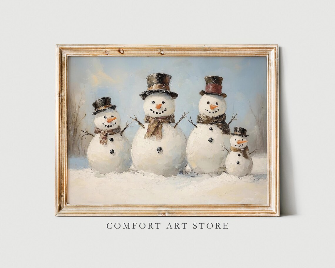 Cheerful Snowman Family with Top Hats and Scarves Winter Poster