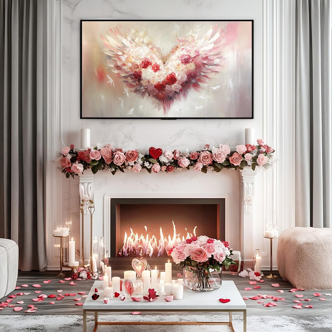 Valentines Day Frame Tv Art Frame Tv Red Pink Heart Of Roses Tv Vintage Valentines Heart Wings Painting Moody Romantic Home Dcor - Image 3