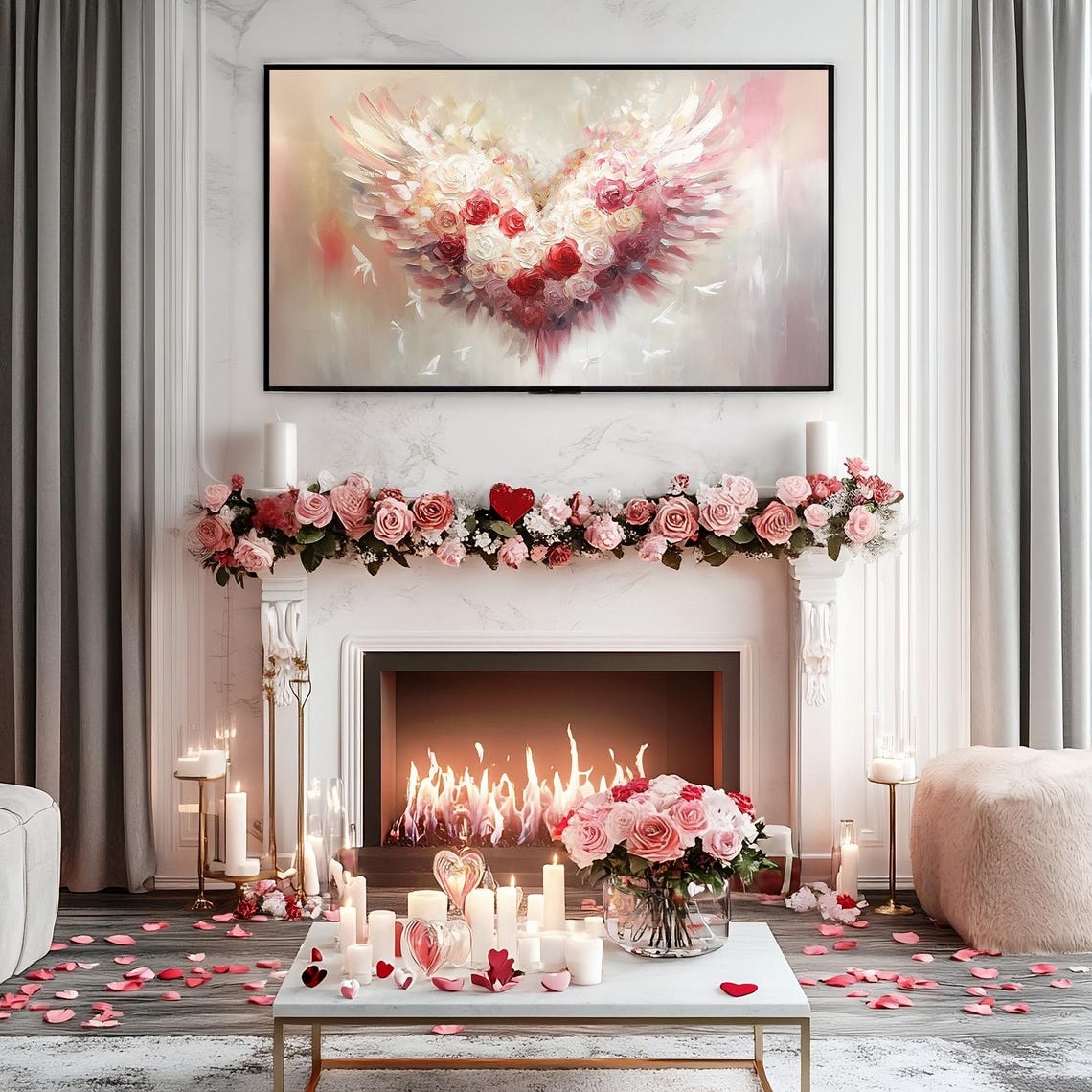 Valentines Rose Heart With Wings Painting Rustic Frame TV Wall Art - Image 3