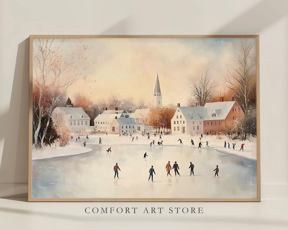 People Ice Skating on Village Pond in Vintage Winter Wall Art - Image 2