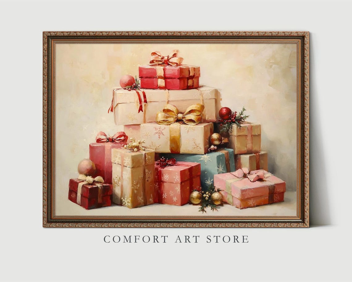 Elegant Pink and Gold Christmas Gift Stack with Bows Art Poster - Image 3