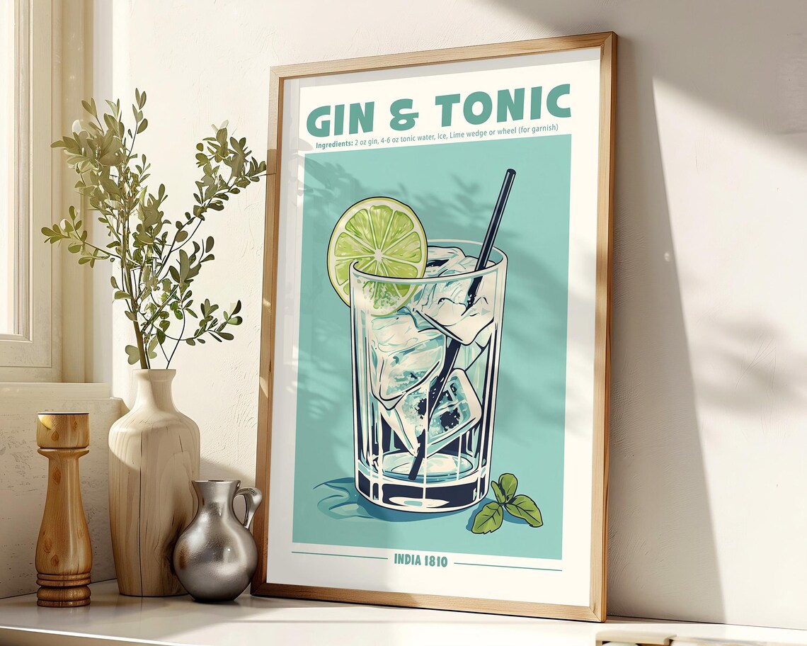 Gin Tonic Cocktail Poster, Retro Home Bar Decor