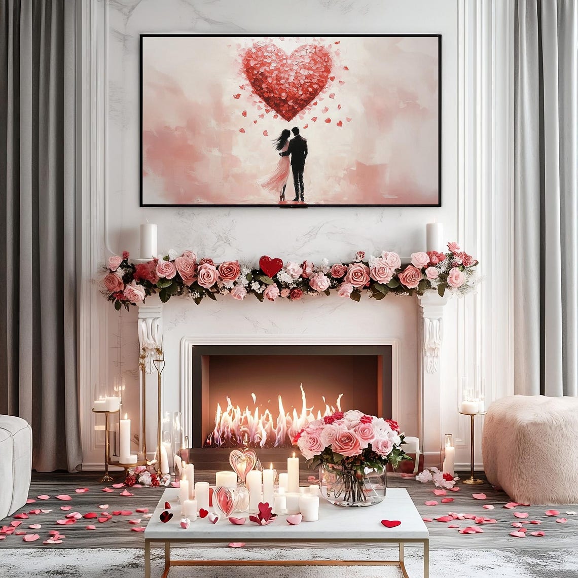 Couple Under Giant Red Petal Heart Romantic Valentines Art Poster - Image 2
