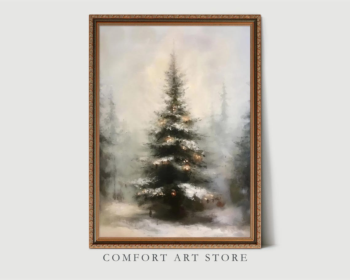 Misty Evergreen Tree Warm Lights Dreamy Snowy Forest Painting Poster - Image 7