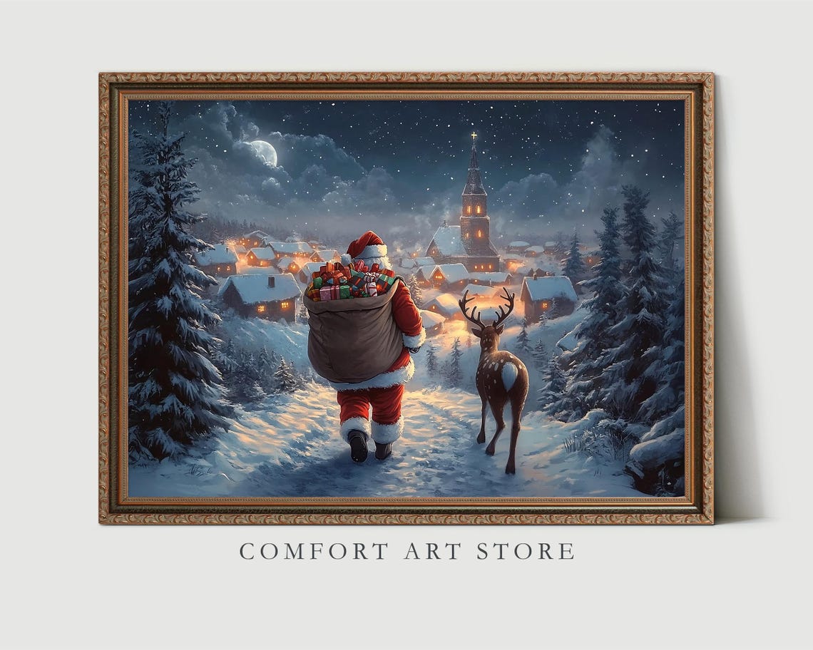 Christmas Wall Art Santa Claus Reindeer Print Dark Academia Winter Village Scene Snowy Holiday Decor Vintage Christmas Painting - Image 8