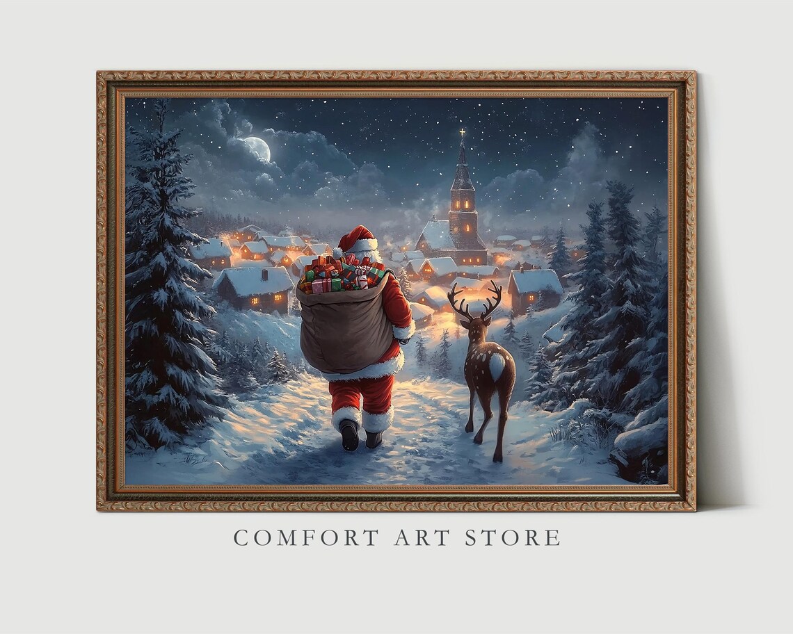 Santa Claus and Reindeer Walking to a Snowy Village Night Poster - Image 8