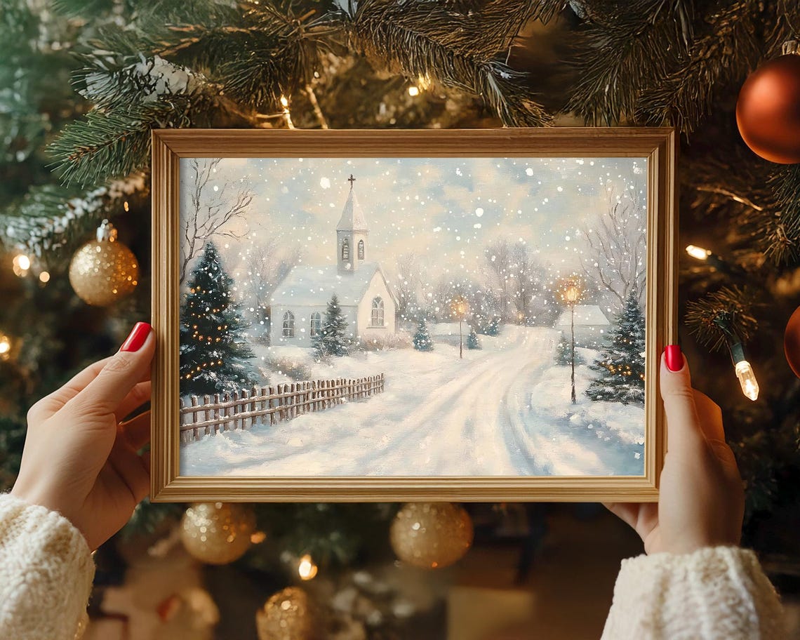 Snowy Village Wall Art Antique Vintage Winter Print Winter Scene Holiday Neutral Landscape Winter Seasonal Decor Church Painting - Image 8