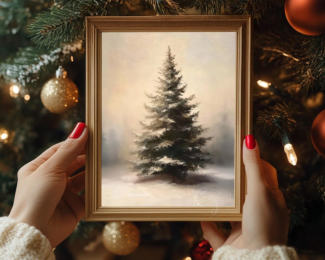 Single Snowy Pine Tree Muted Watercolor Serene Winter Landscape Poster - Image 3