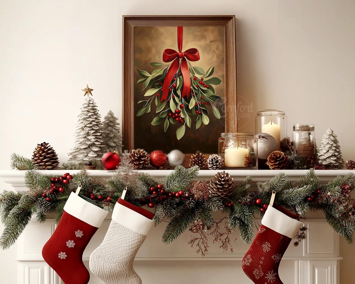 Christmas Hanging Holiday Greenery with Red Berries and Bow Print - Image 8