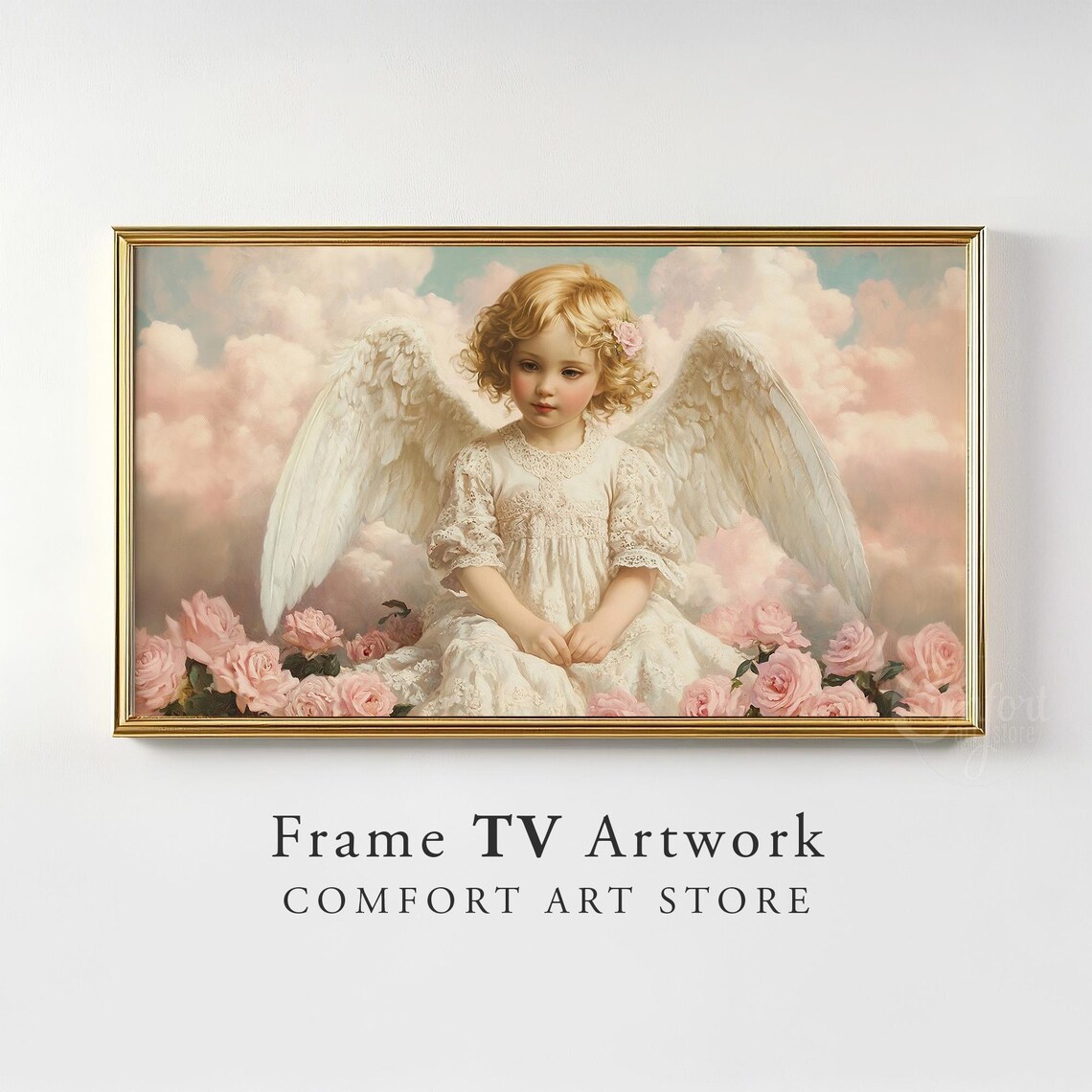 Cherubic Angel With Pink Roses Vintage Frame TV Art Romantic Poster - Image 3