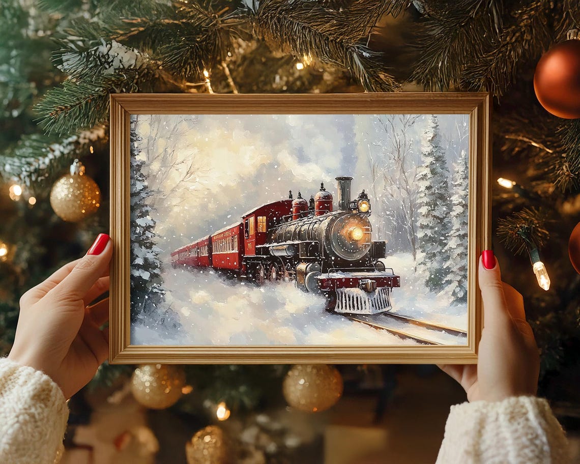 Vintage Red Steam Train Crossing Snow Covered Woods Wall Art - Image 4