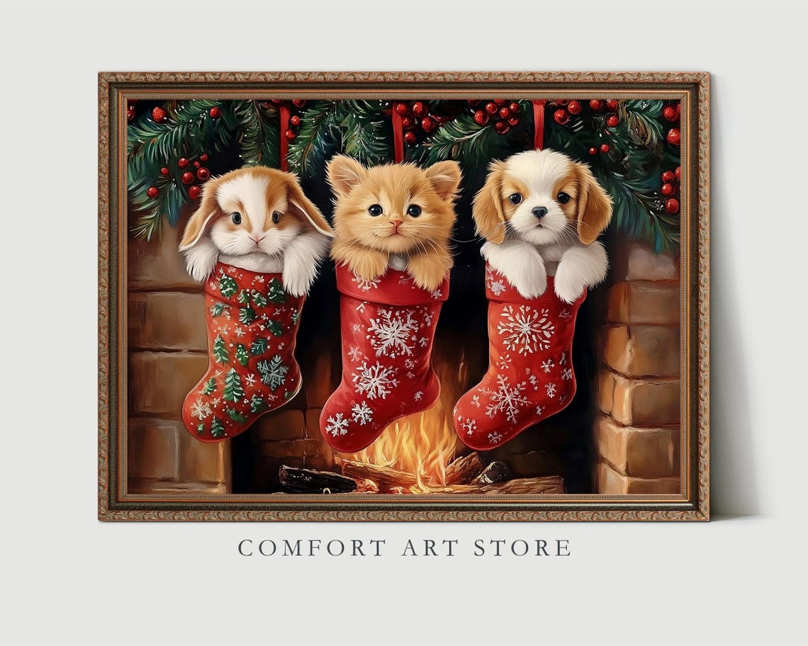 Bunny Kitten and Puppy Peeking from Christmas Stockings Art Poster - Image 3