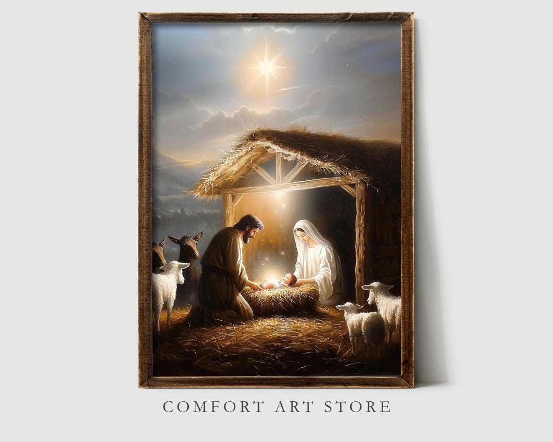 Peaceful Holy Family Nativity in Stable with Animals Star Poster - Image 2
