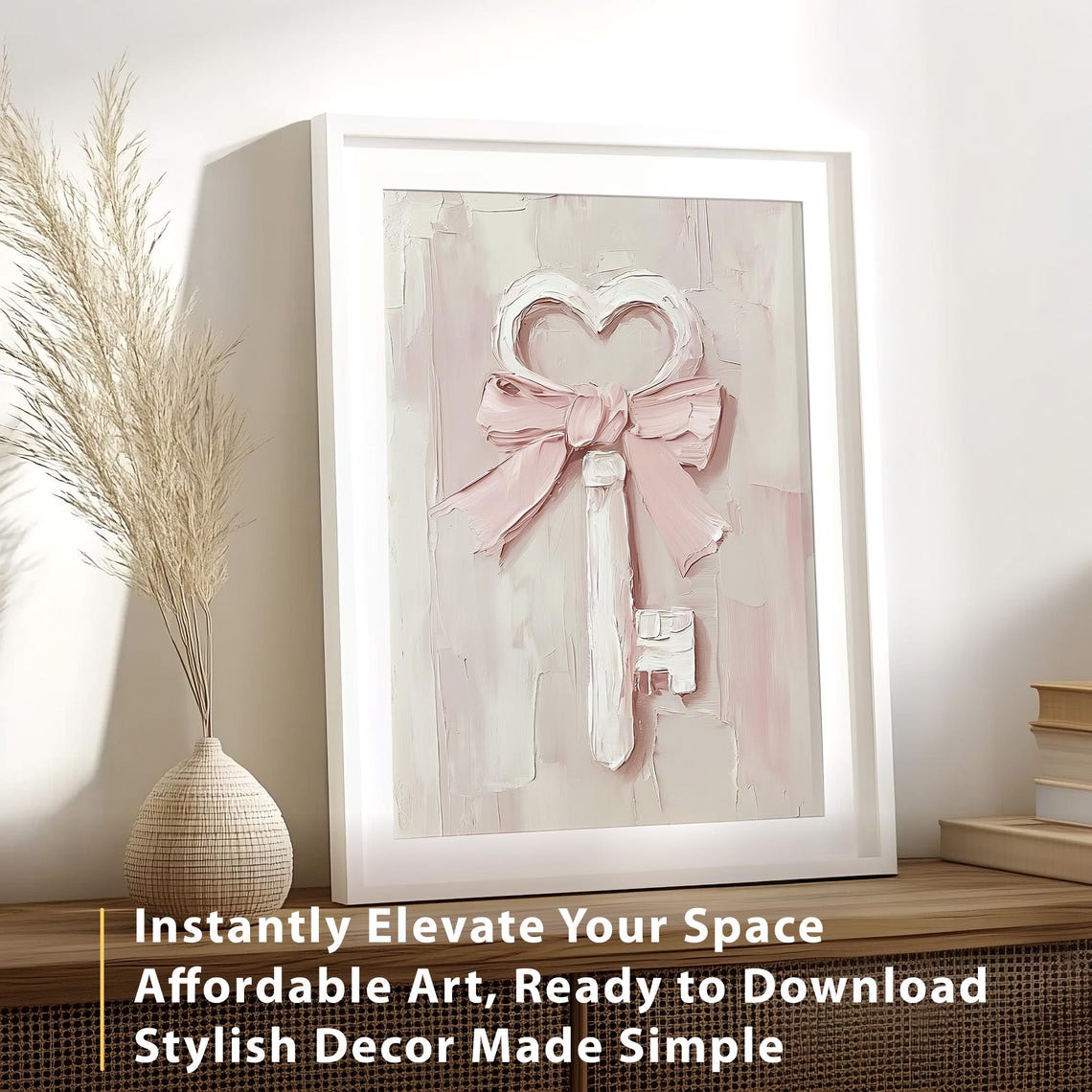 Valentines Heart Key With Pink Bow Impasto Neutral Romantic Wall Art - Image 2
