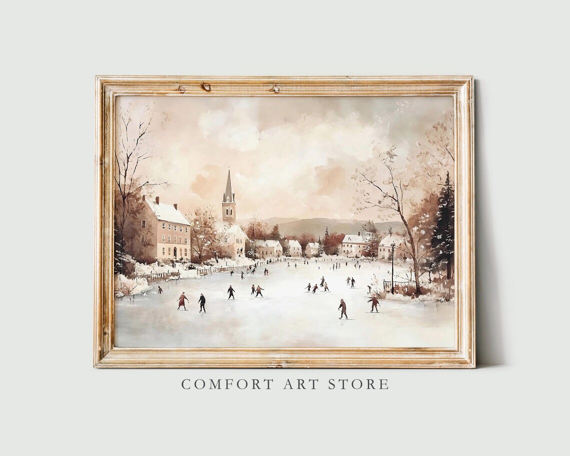 Vintage Ice Skating Winter Village Frozen Lake Christmas Scene Poster