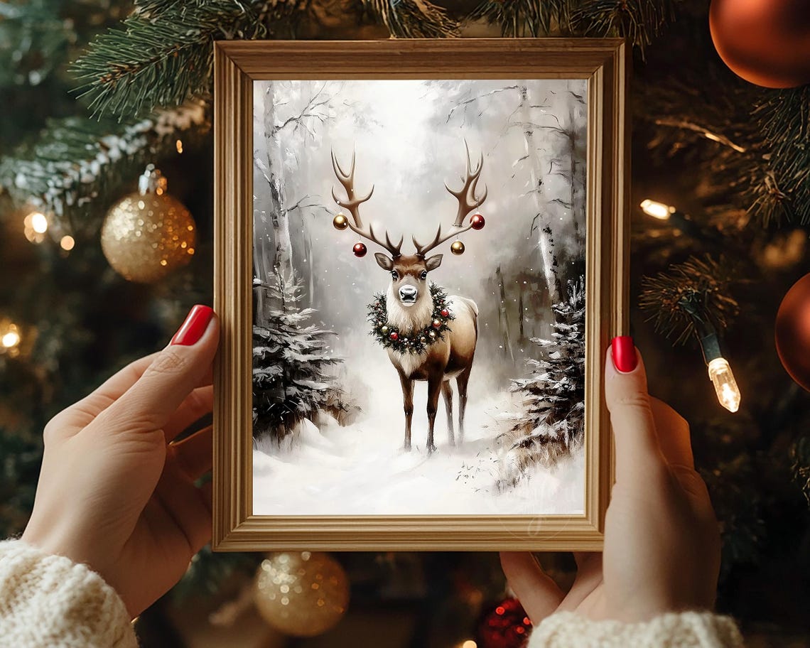 Majestic Deer with Christmas Ornaments on Antlers Snow Poster - Image 6