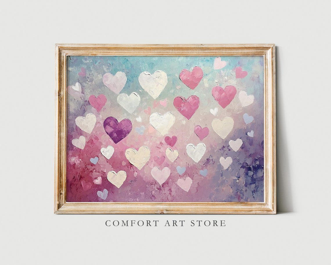 Valentines Pink Lavender Hearts Impasto Painting Pastel Wall Art - Image 5