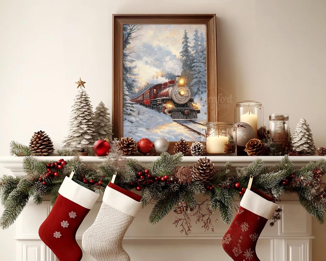 Red Locomotive with Glowing Headlamp in Snowy Pines Wall Art - Image 4