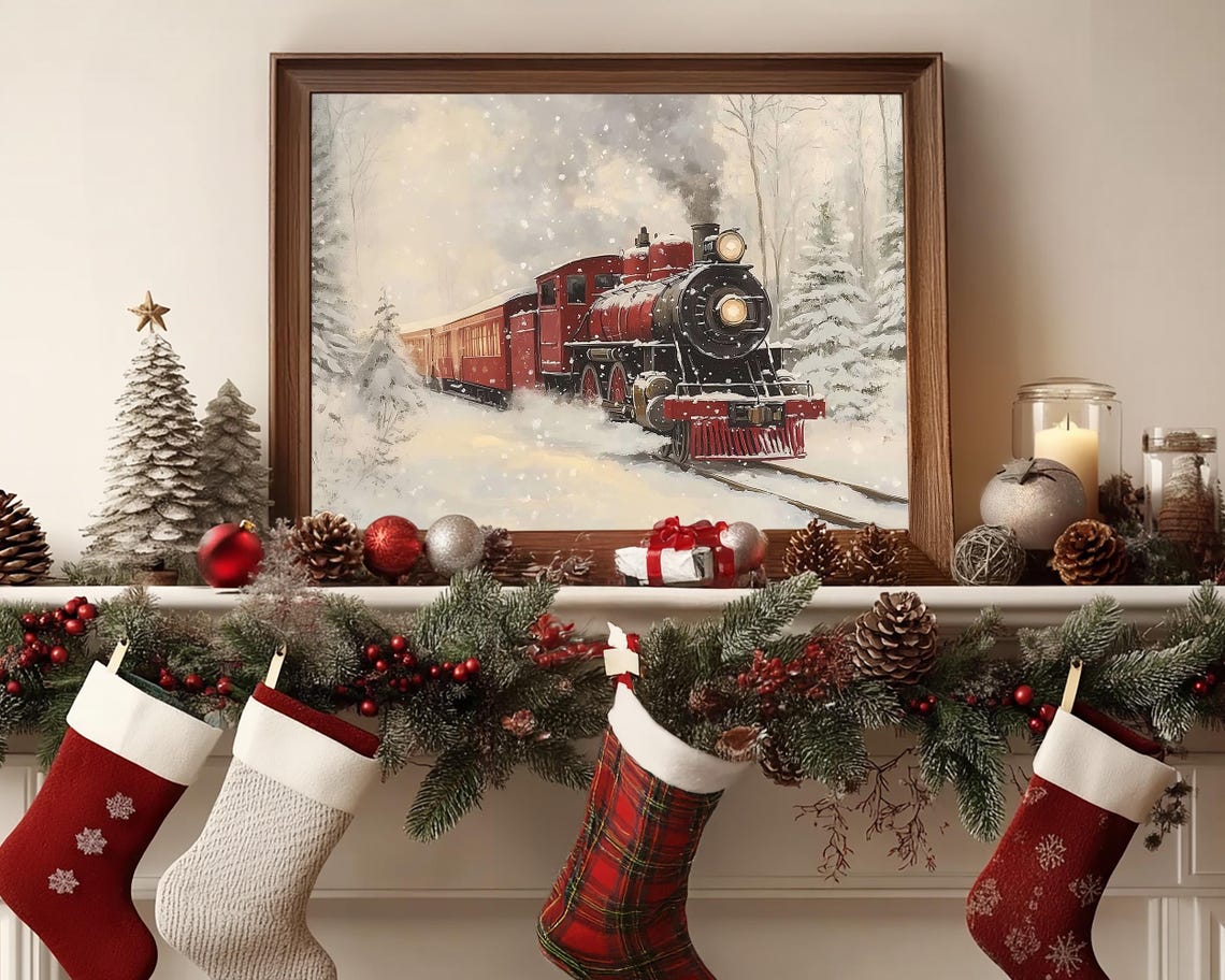 Red Passenger Train Rolling Through Winter Snowfall Wall Art - Image 7