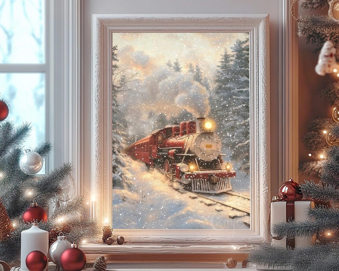 Classic Red Steam Engine in Snowy Pine Forest Snowstorm Wall Art - Image 4